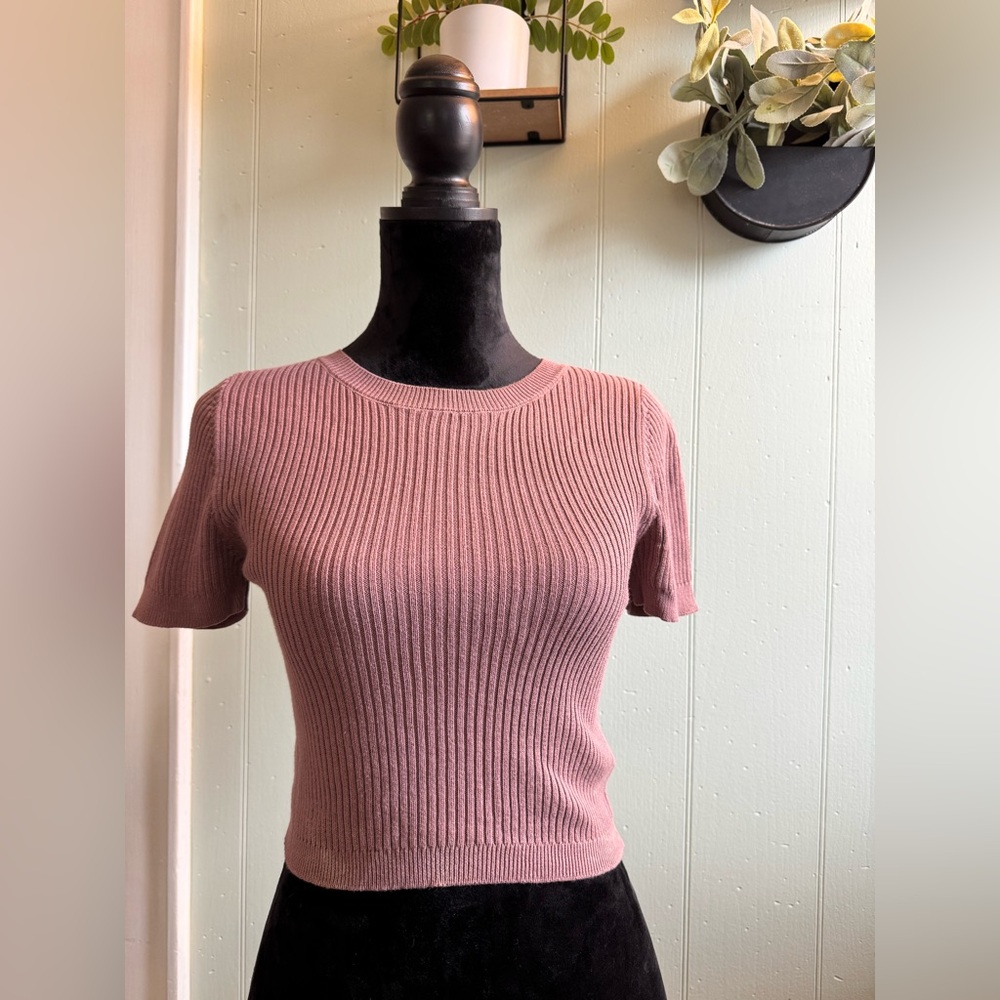 Altar’d State Pink Ribbed Knit Short Sleeve Top